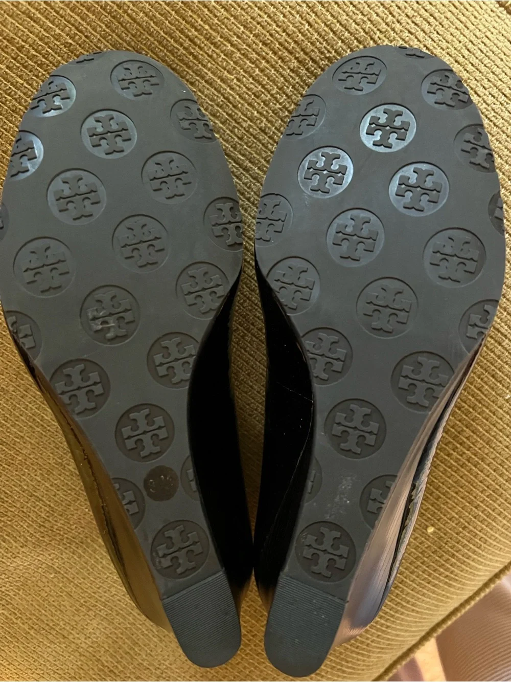 Tory Burch Deep Burgundy Patent Leather Logo Wedges with Deep Burgundy Insole